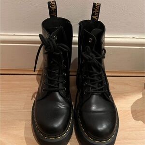 Dr. Martens Black Jadon Platform Leather Lace-Up Boots with Yellow Stitching
